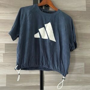 Adidas Blue Boxy Drawstring Hem T-Shirt 100% Cotton Oversized Cropped - Small